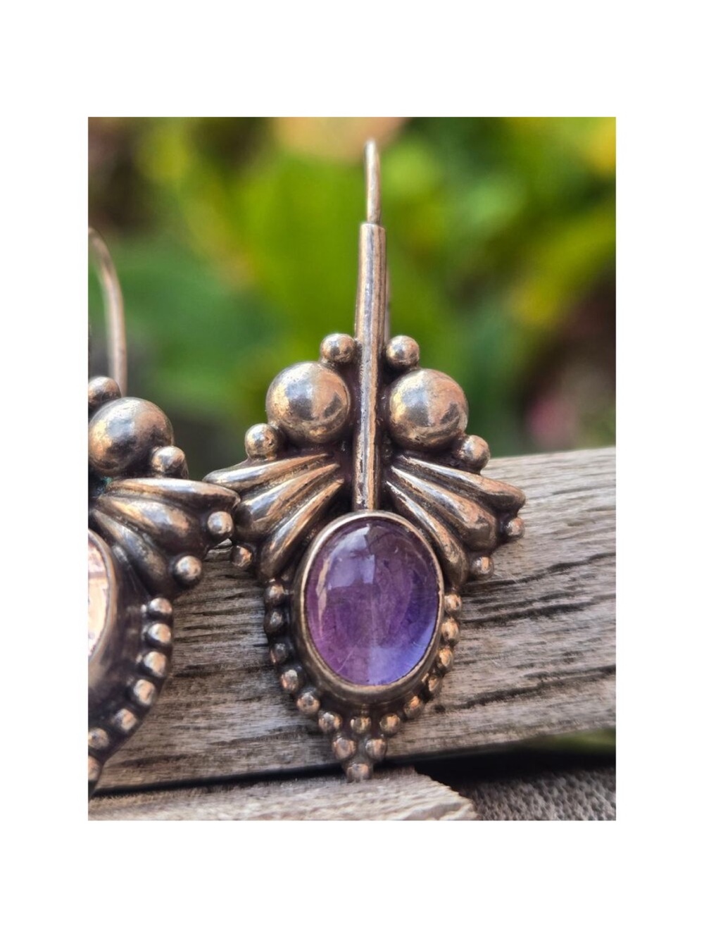 Vintage Sterling Silver Bohemian Bubble Bezel Set Amethyst Cabochon Earrings - Picture 3 of 6
